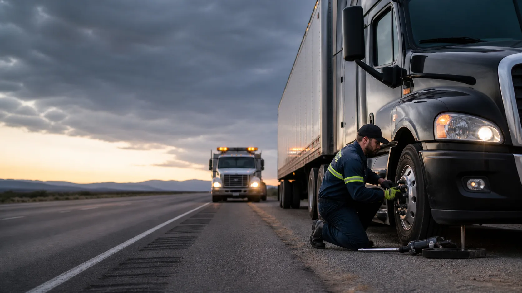 Roadside service technician helping a semi truck at dusk