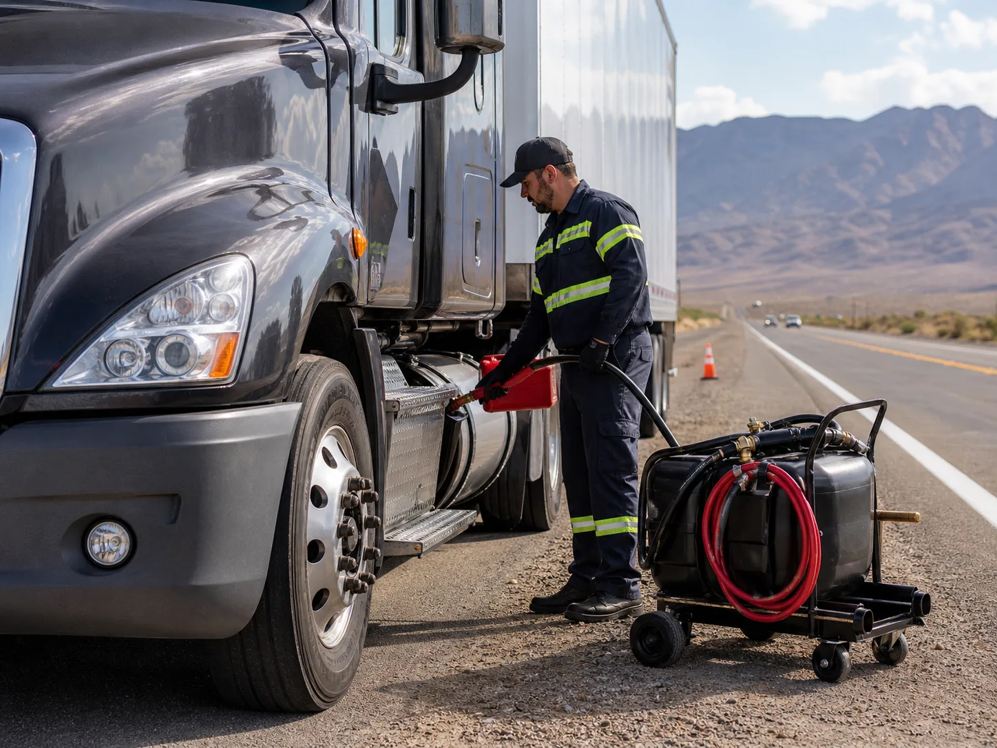 Roadside fuel support equipment next to a semi truck