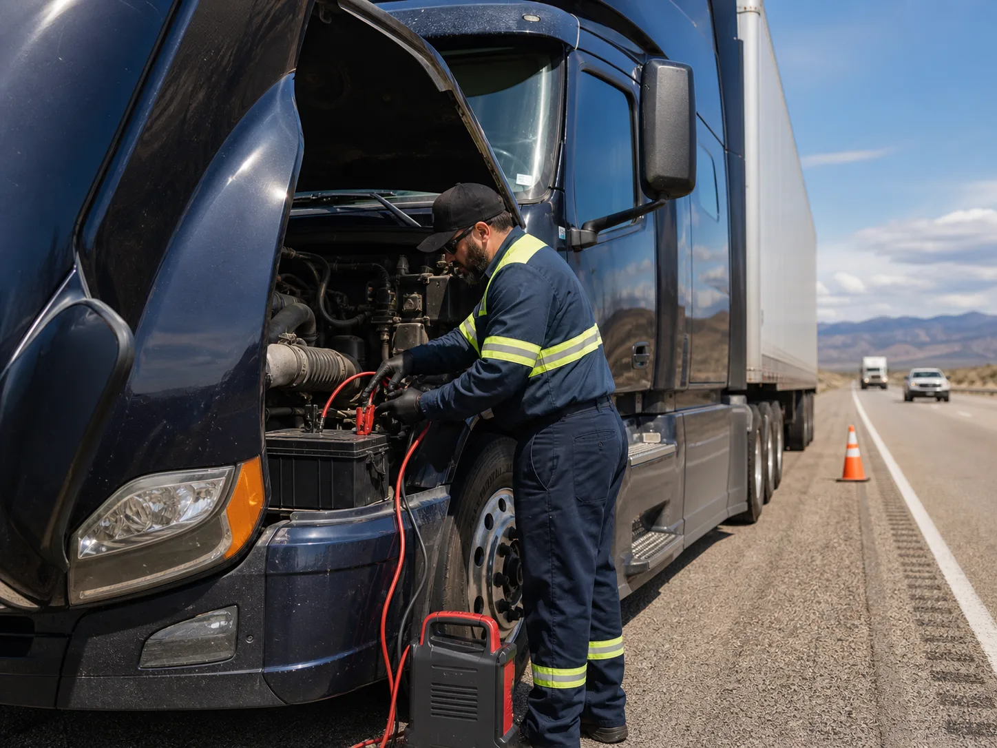 Roadside technician checking a semi truck battery