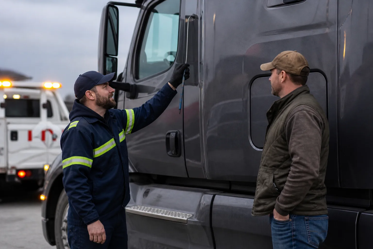 Technician helping with a semi truck lockout