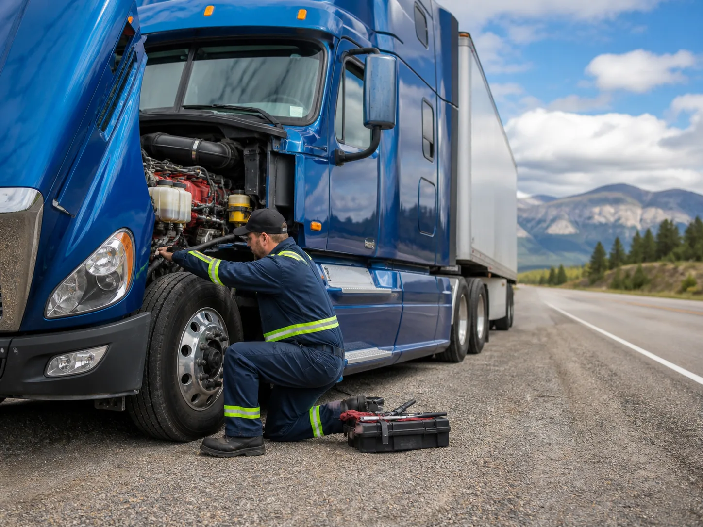 Roadside technician working beside a semi truck