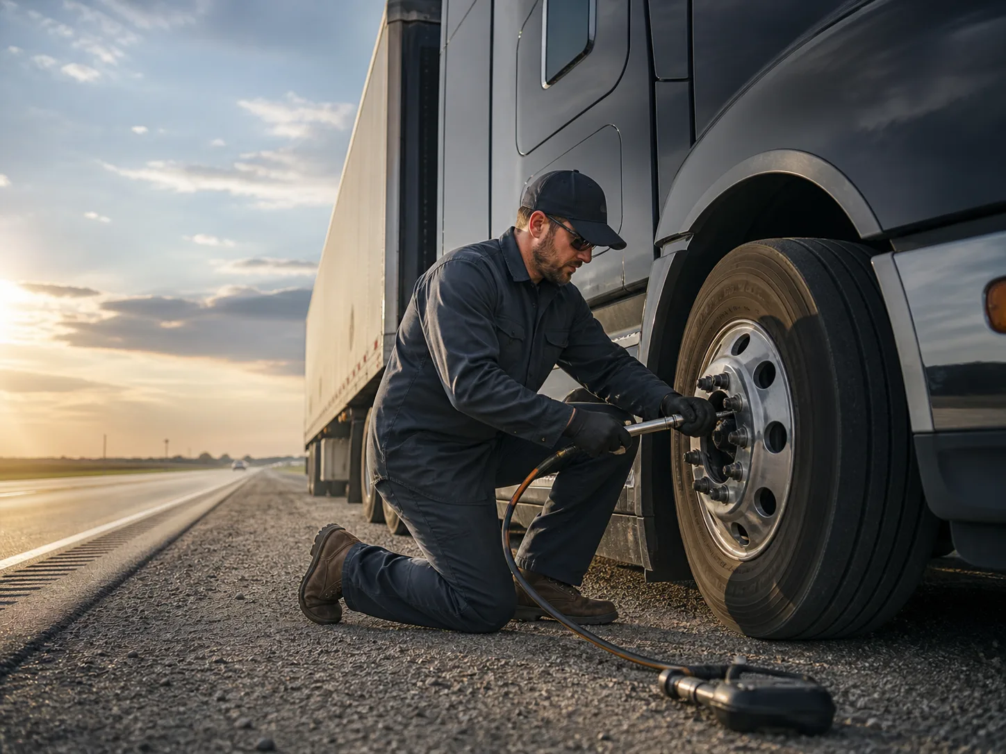 Roadside technician working on a semi truck tire
